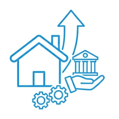 Grafik eines Hauses, einer Bank und Zahnrädern, die den Fremdkapitalhebel im Immobilienbereich darstellen.