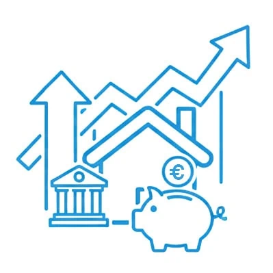 Grafik mit einem Sparschwein, einem Bankgebäude und einem Haus, umgeben von aufsteigenden Pfeilen und einem Euro-Symbol.