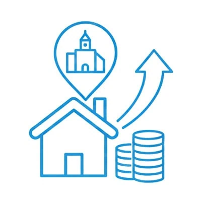 Grafik eines Hauses mit einem Pfeil nach oben und Münzen, symbolisiert Wertsteigerung in der Immobilienbranche.